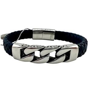 NWT Steel Time Stainless Steel Curb Link Braid Blue Leather Unisex 7.5” Bracelet